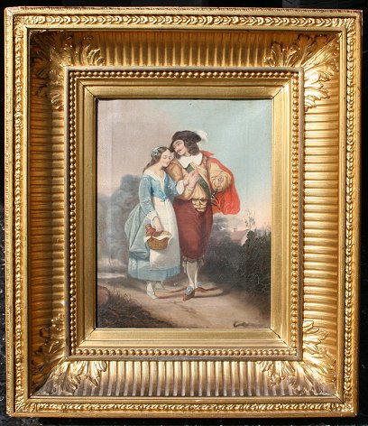 Appraisal: TH CENTURY COUNTRY SCENE PAINTING OF SWORDSMAN MAIDEN '' x