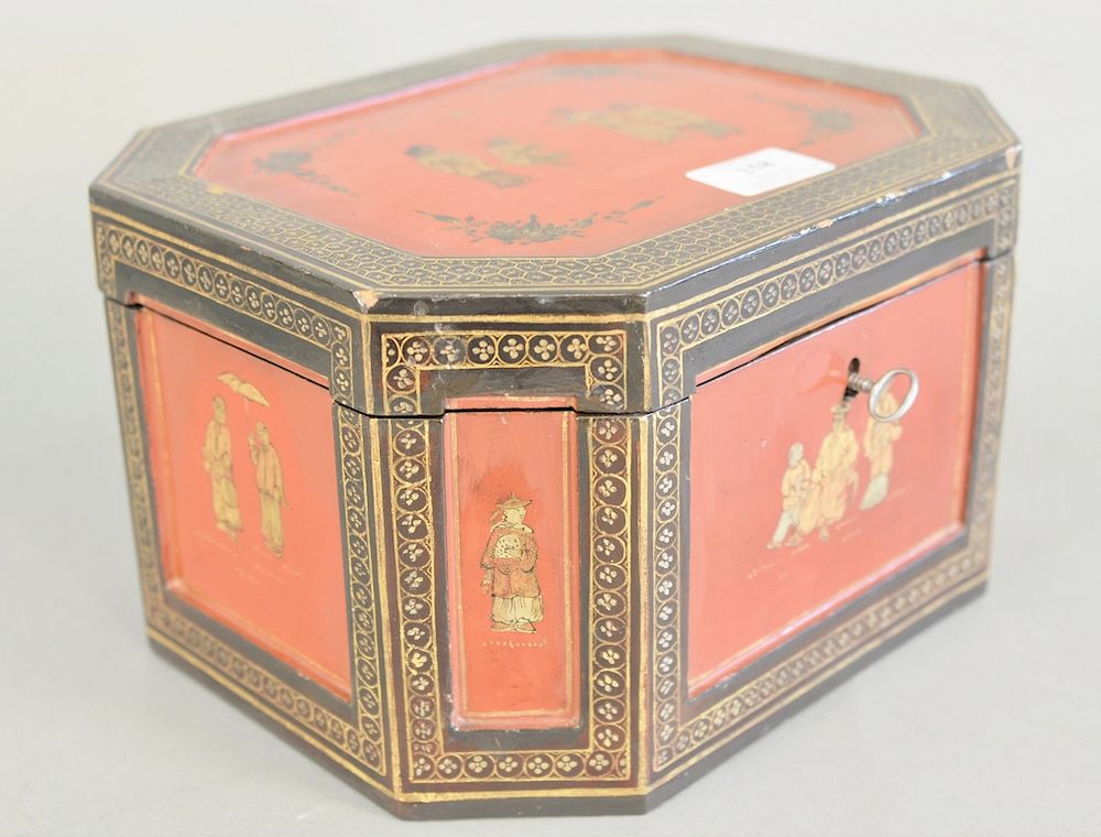 Appraisal: Chinese lacquered tea caddy having lacquered panels with painted figures