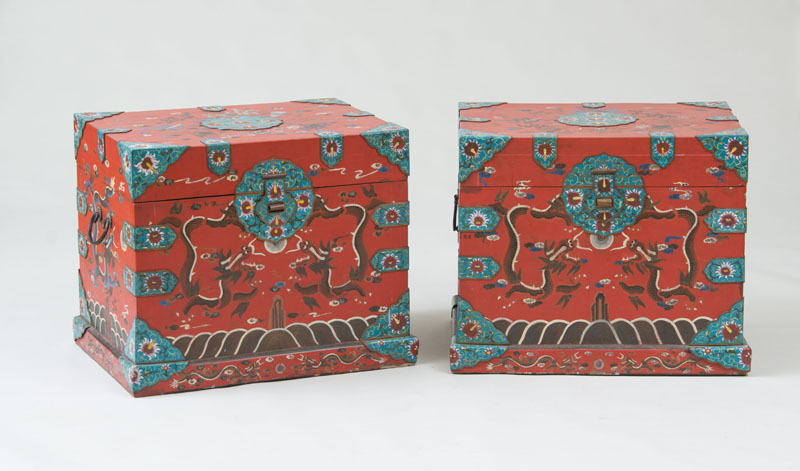 Appraisal: PAIR OF UNUSUAL CHINESE EXPORT CLOISONN -MOUNTED RED LACQUER TRUNKS