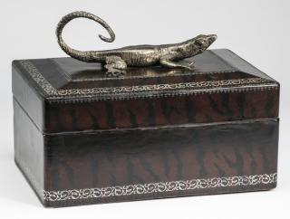 Appraisal: Leather covered wood box with silvered lizard w Contemporary leather