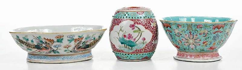 Appraisal: Three Chinese Export Famille Verte Table Objects th century porcelain