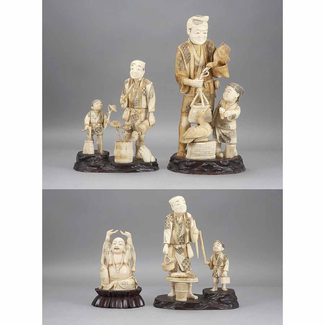 Appraisal: Group of Three Japanese Ivory Figural Groups th Century Each