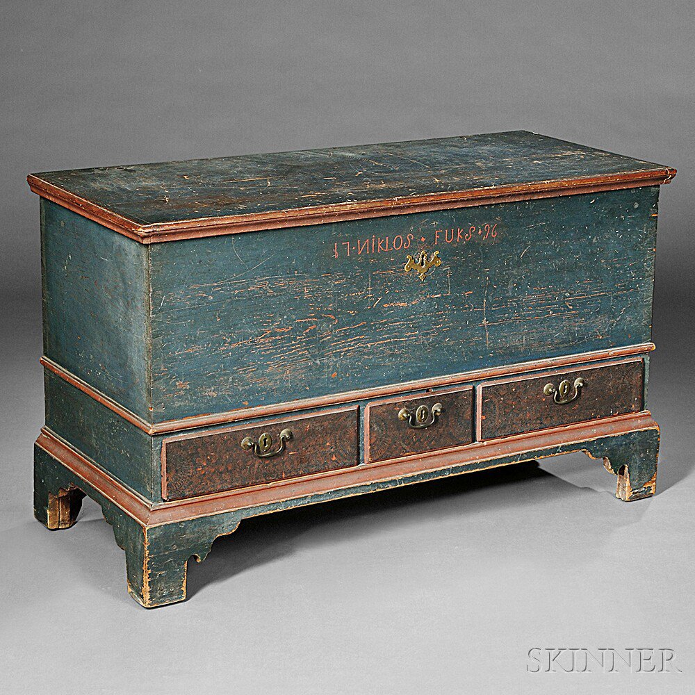 Appraisal: Painted Dower Chest Pennsylvania late th century painted dark-blue highlighted