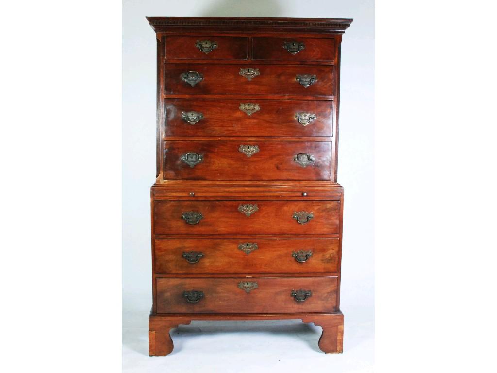 Appraisal: GEORGE III MAHOGANY CHEST ON CHEST the dentil moulded cornice