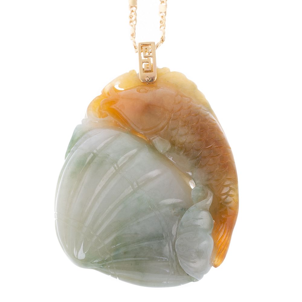 Appraisal: A Carved Jade Fish with Shell Pendant on K Chain