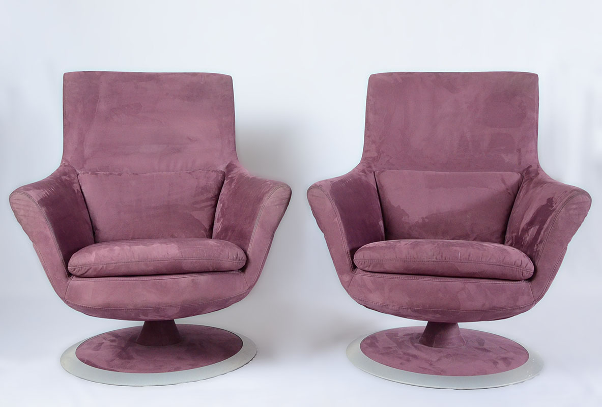 Appraisal: PAIR W SCHILLIG EGGPLANT SUEDE SWIVEL CHAIRS W Schillig contemporary