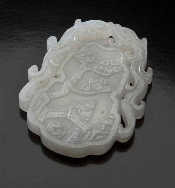 Appraisal: Chinese carved jade plaquedepicting figures in a landscape the verso