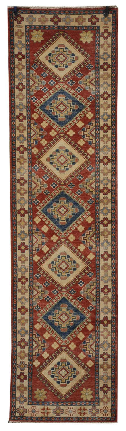 Appraisal: ORIENTAL RUG KAZAK-DESIGN RUNNER ' x ' Seven diamond-form medallions