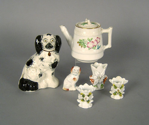 Appraisal: Two pottery spaniels together with three miniature spill vases and