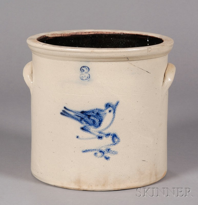 Appraisal: Stoneware Crock with Cobalt Bird Motif America mid th century