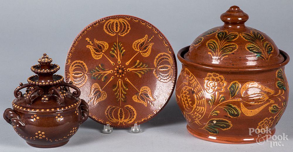 Appraisal: Three pieces of reproduction redware Three pieces of reproduction redware