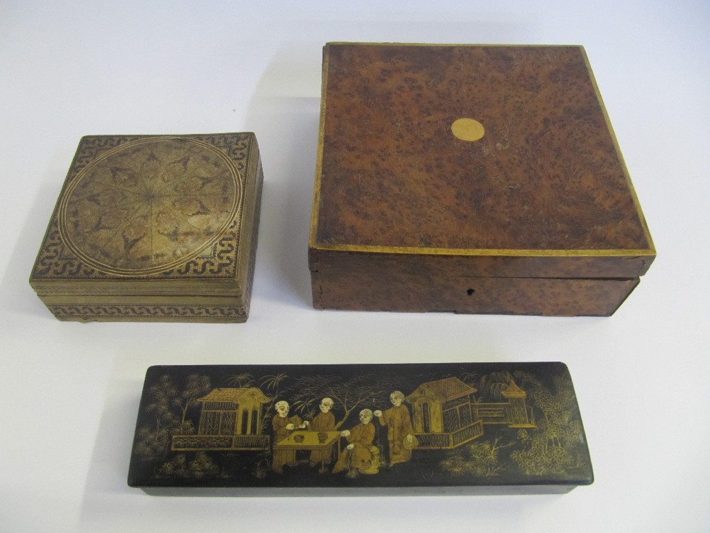 Appraisal: Burr wood box Tunbridgeware box and a Japanese lacquered pen