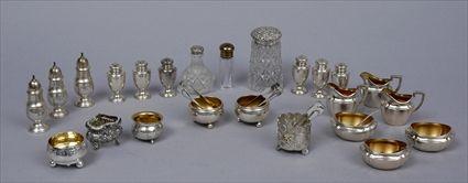 Appraisal: ASSEMBLED GROUP OF SILVER SALTS AND PEPPERETTES Including German oval