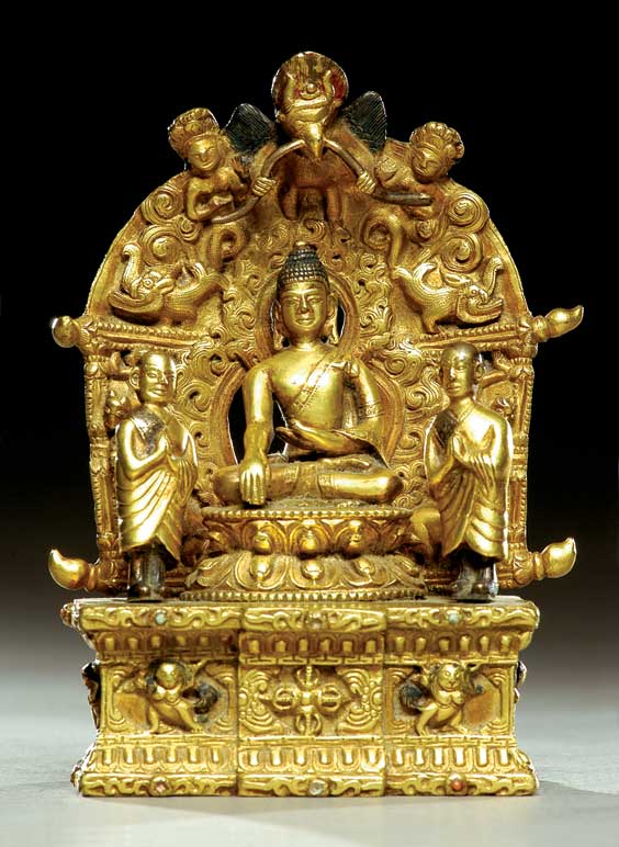 Appraisal: NEPALESE GILT BRONZE SHRINE Miniature Nepalese gilt bronze shrine with