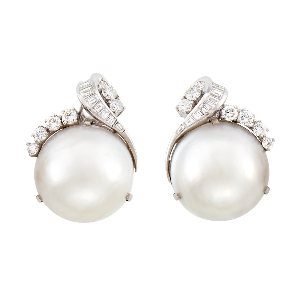 Appraisal: Pair of White Gold Mabe Pearl and Diamond Earclips mabe