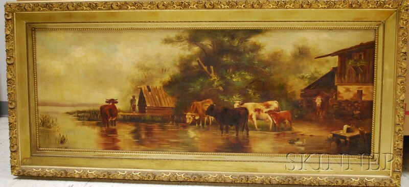 Appraisal: British School th Century Cows Watering Beside a Barn Signed