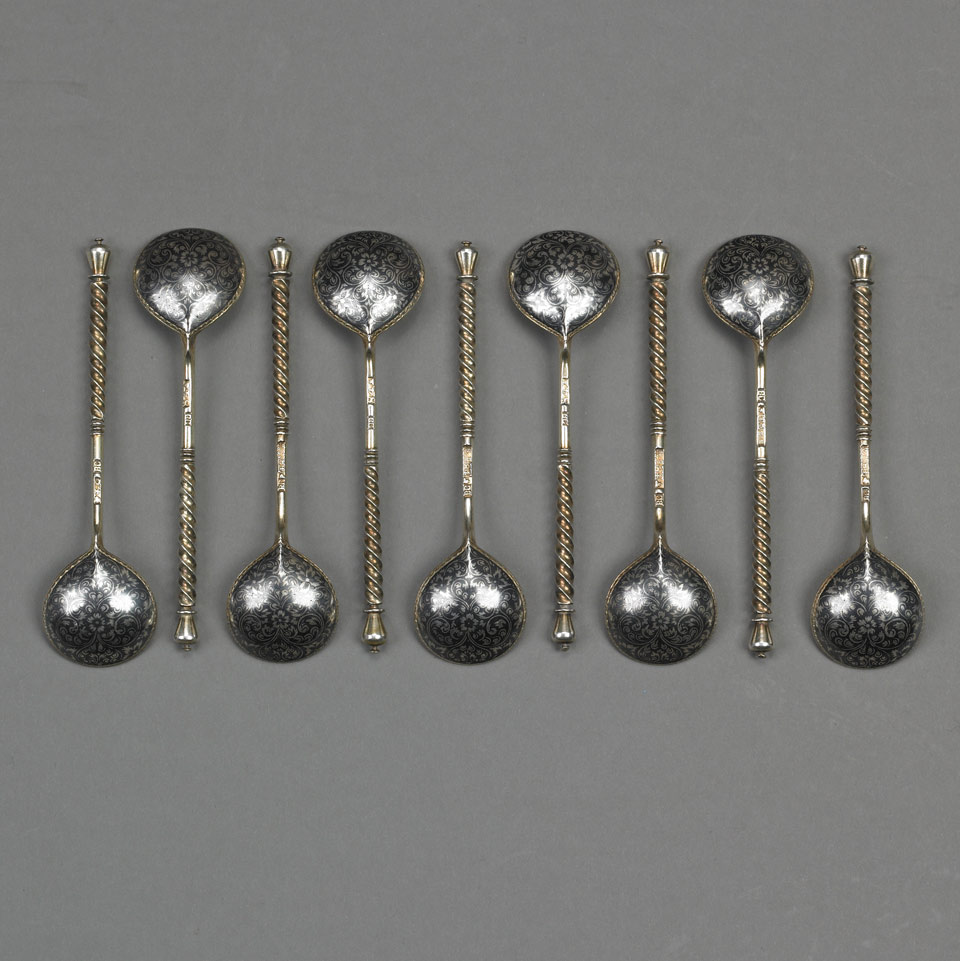 Appraisal: Eight Russian Nielloed Silver-Gilt Spoons probably Vasily Semenov Moscow maker