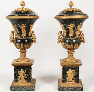 Appraisal: PAIR OF MONUMENTAL FRENCH VERDE MARBLE AND GILT BRONZE URNS