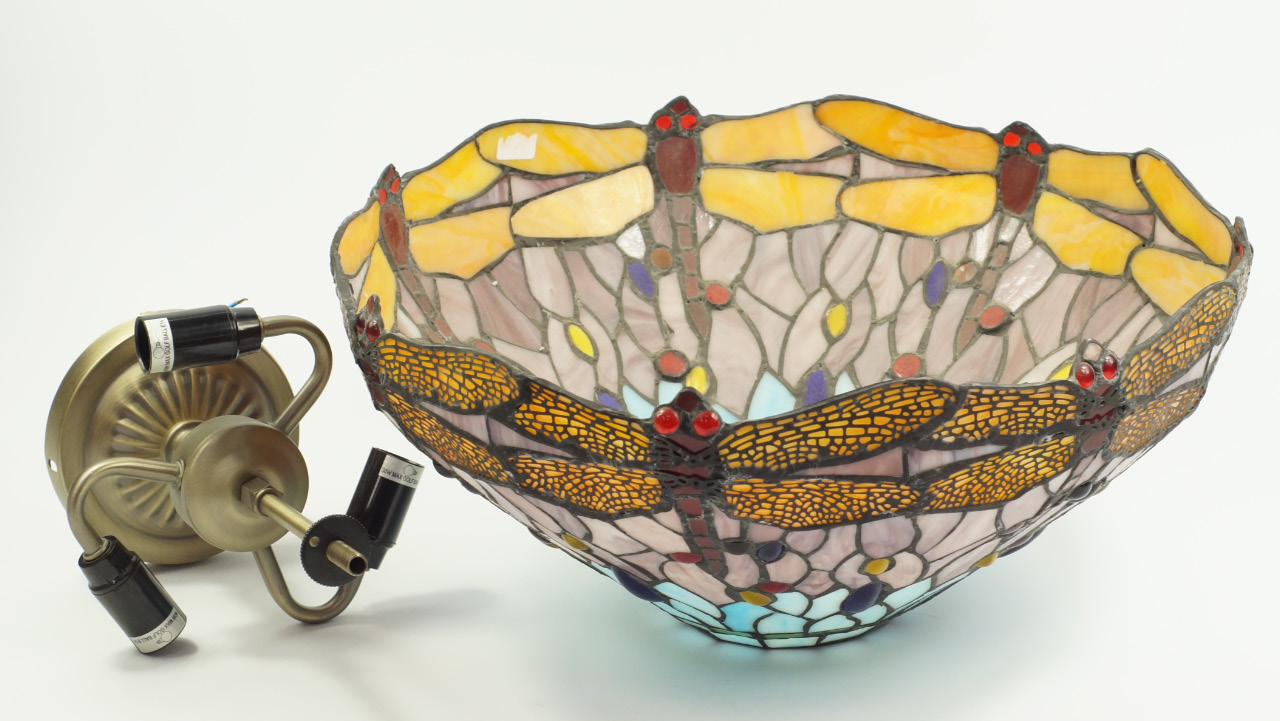 Appraisal: A Tiffany style glass ceiling light decorated with dragonflies with