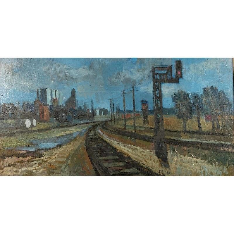 Appraisal: Urban Railroad Painting Framed oil on board urban railroad twilight