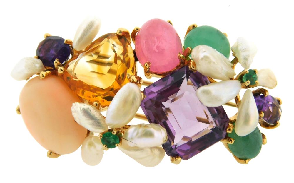 Appraisal: JEWELRY K yellow gold Tutti Frutti brooch oblong multi-colored stones