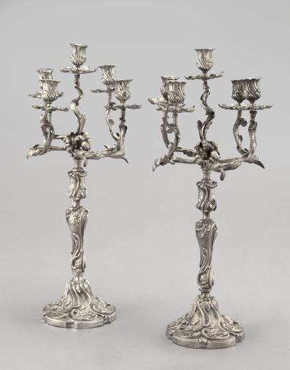 Appraisal: Tall Pair of Silvered Brass and Nickel Five-Light Candelabra first