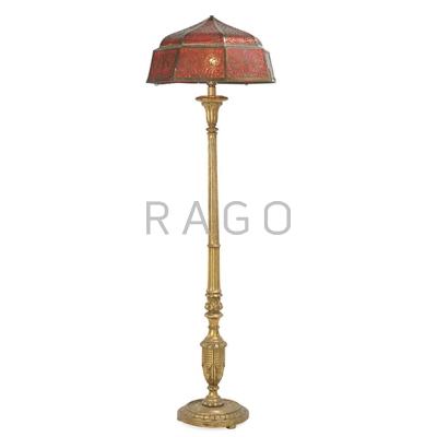 Appraisal: GILDED COLUMNED LAMP Pierced brass shade th c Condition Report