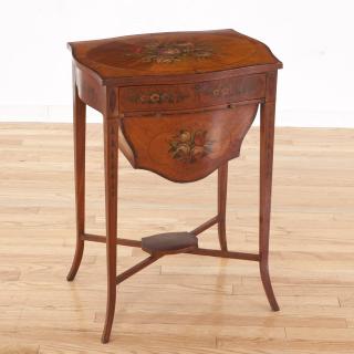 Appraisal: Edwardian paint decorated satinwood work table Edwardian paint decorated satinwood