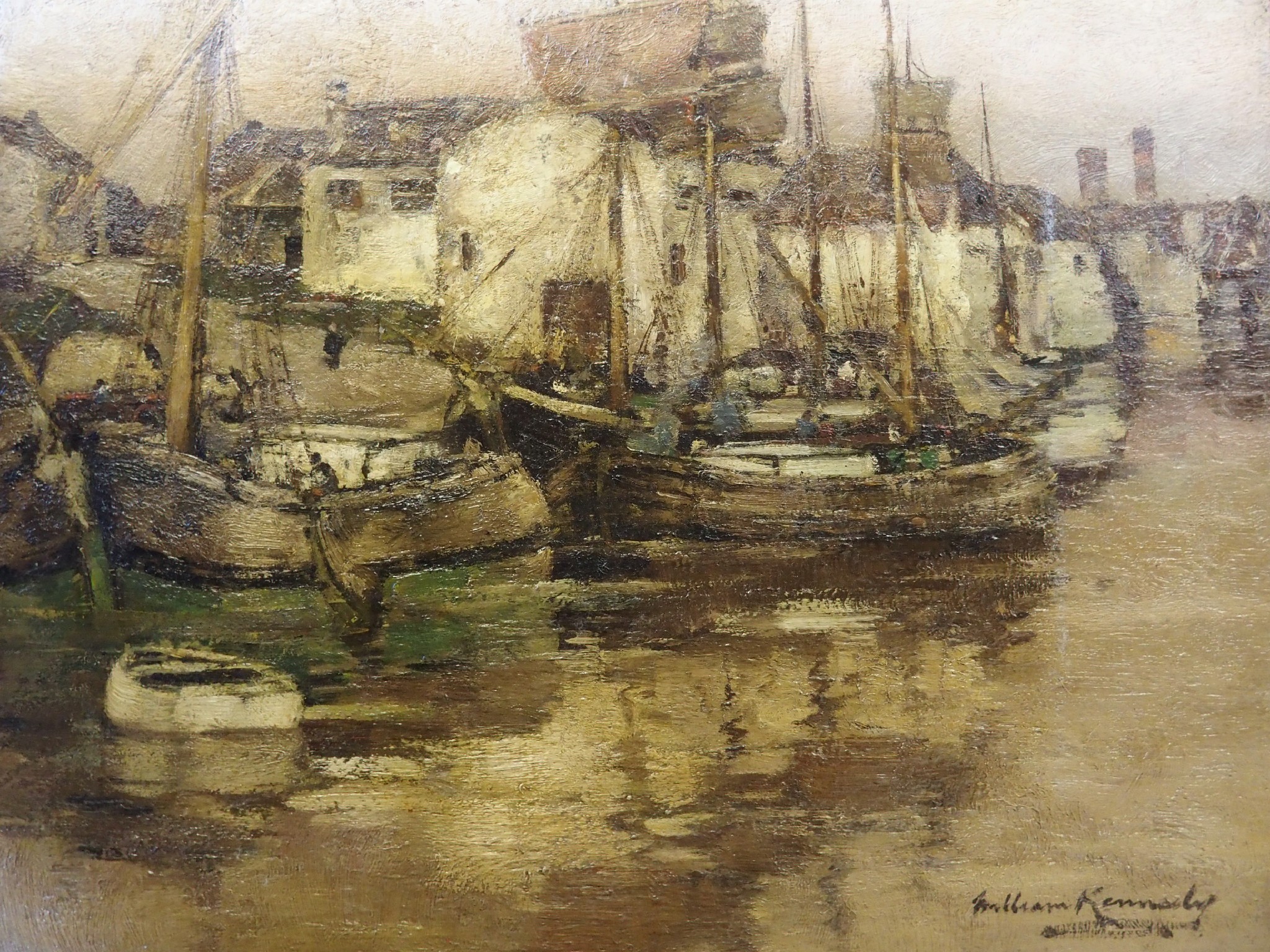 Appraisal: WILLIAM KENNEDY Scottish - FISHING BOATS AT HARBOUROil on canvas