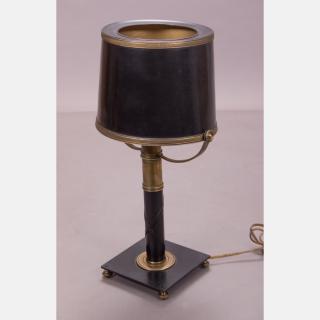 Appraisal: A Diminutive Lamp with Black Tole Painted Shade th Century