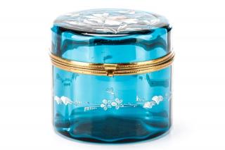 Appraisal: Moser Peacock Blue Glass Casket Trinket Box Moser Bohemian founded