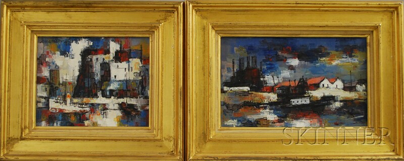 Appraisal: Pierre Lemarchand French - Two Abstract Industrial Harbor Views Signed