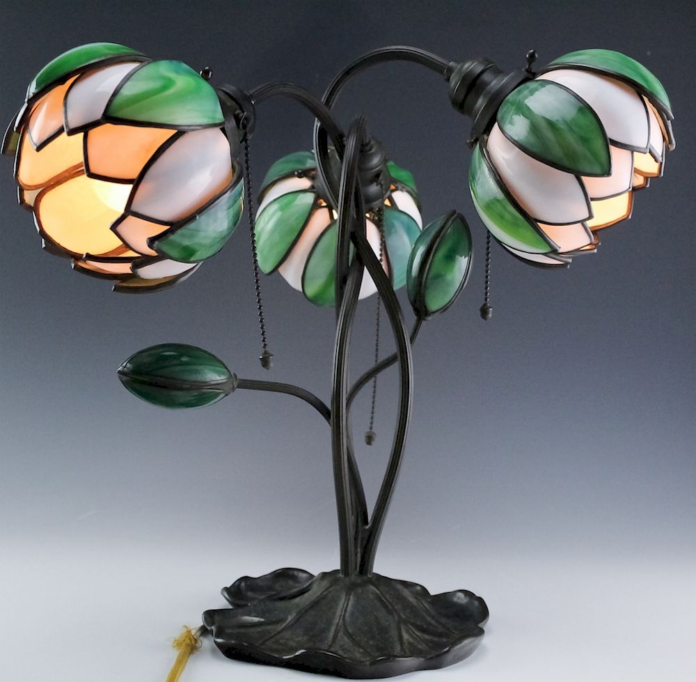 Appraisal: Signed Handel Stained Glass Water Lily Bronze Lamp Rare signed