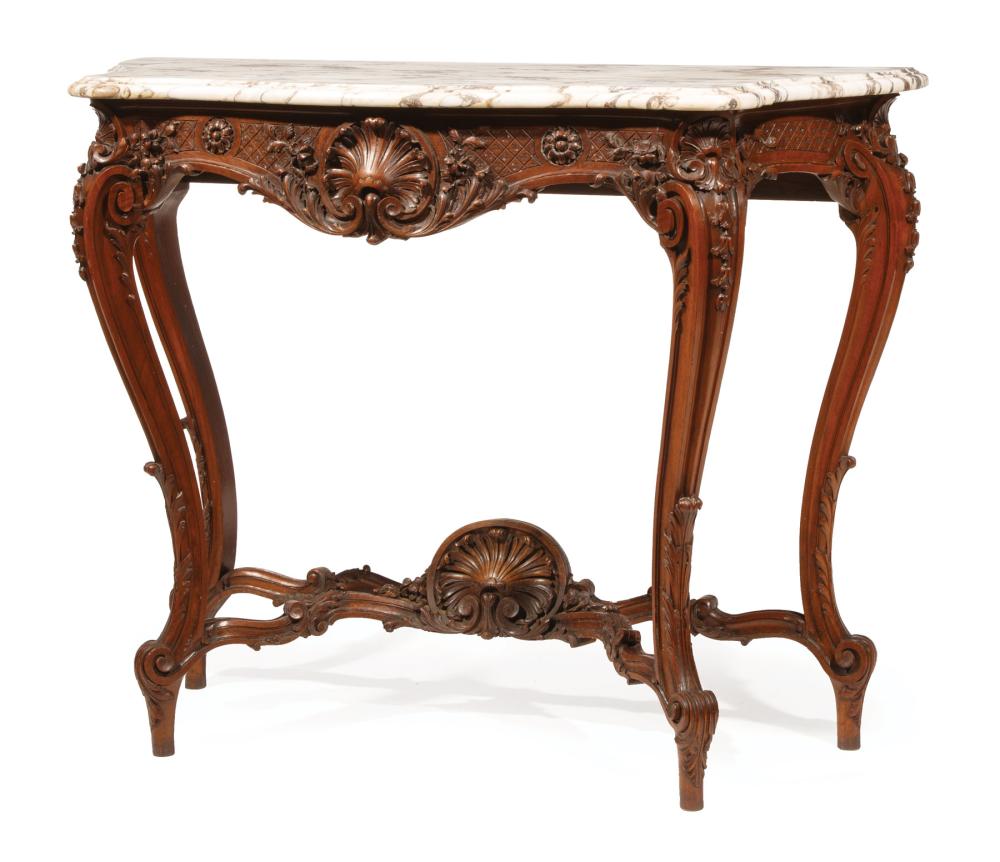 Appraisal: Antique Louis XV-Style Carved Mahogany Console Table molded variegated marble