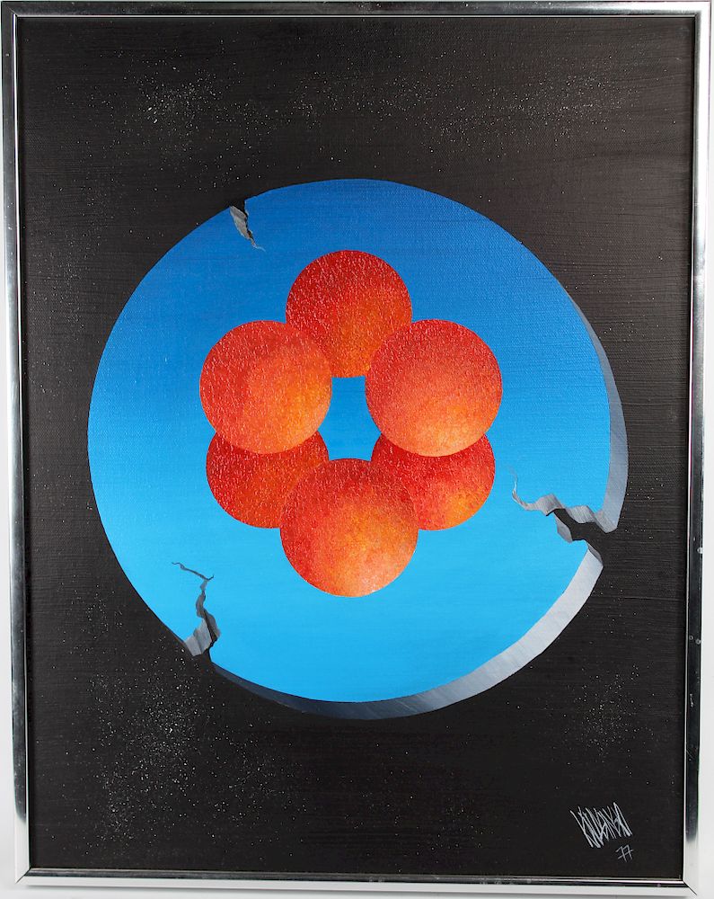 Appraisal: Six Orange Balls Signed Surrealist Painting ' Six Orange Balls