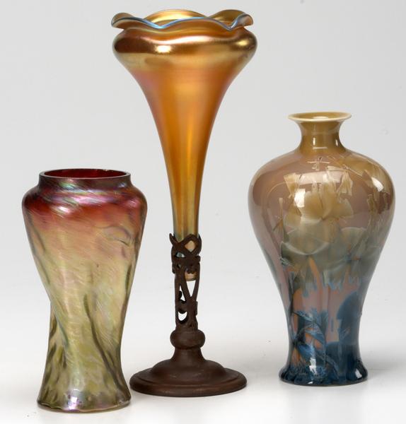 Appraisal: ART GLASS Three vases one in the style of Tiffany