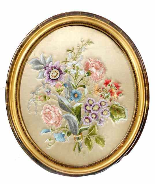 Appraisal: A TH CENTURY OVAL EMBROIDERED SPRAY OF SUMMER FLOWERS in