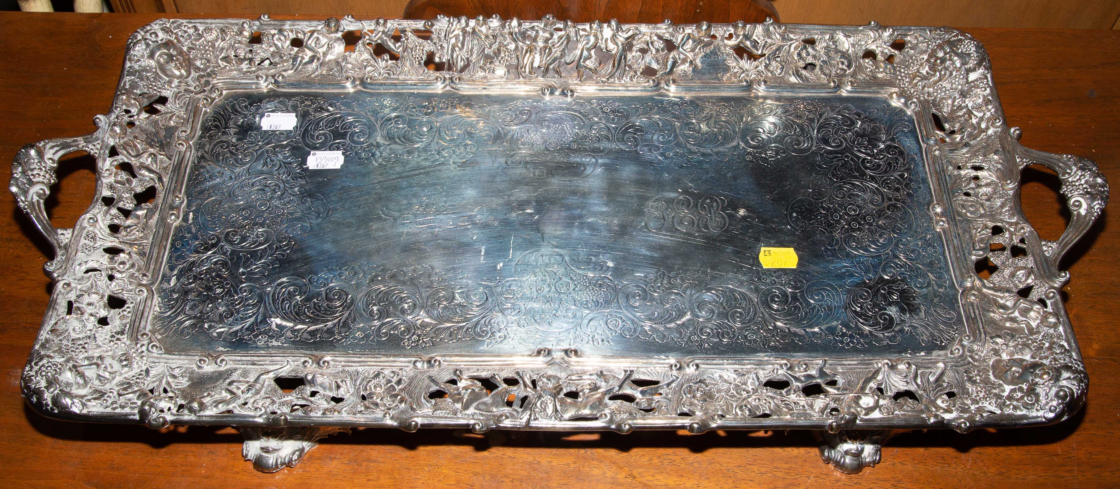 Appraisal: BEAUX ARTS STYLE ARMORIAL SILVER PLATED WINE TRAY Rectangular raised