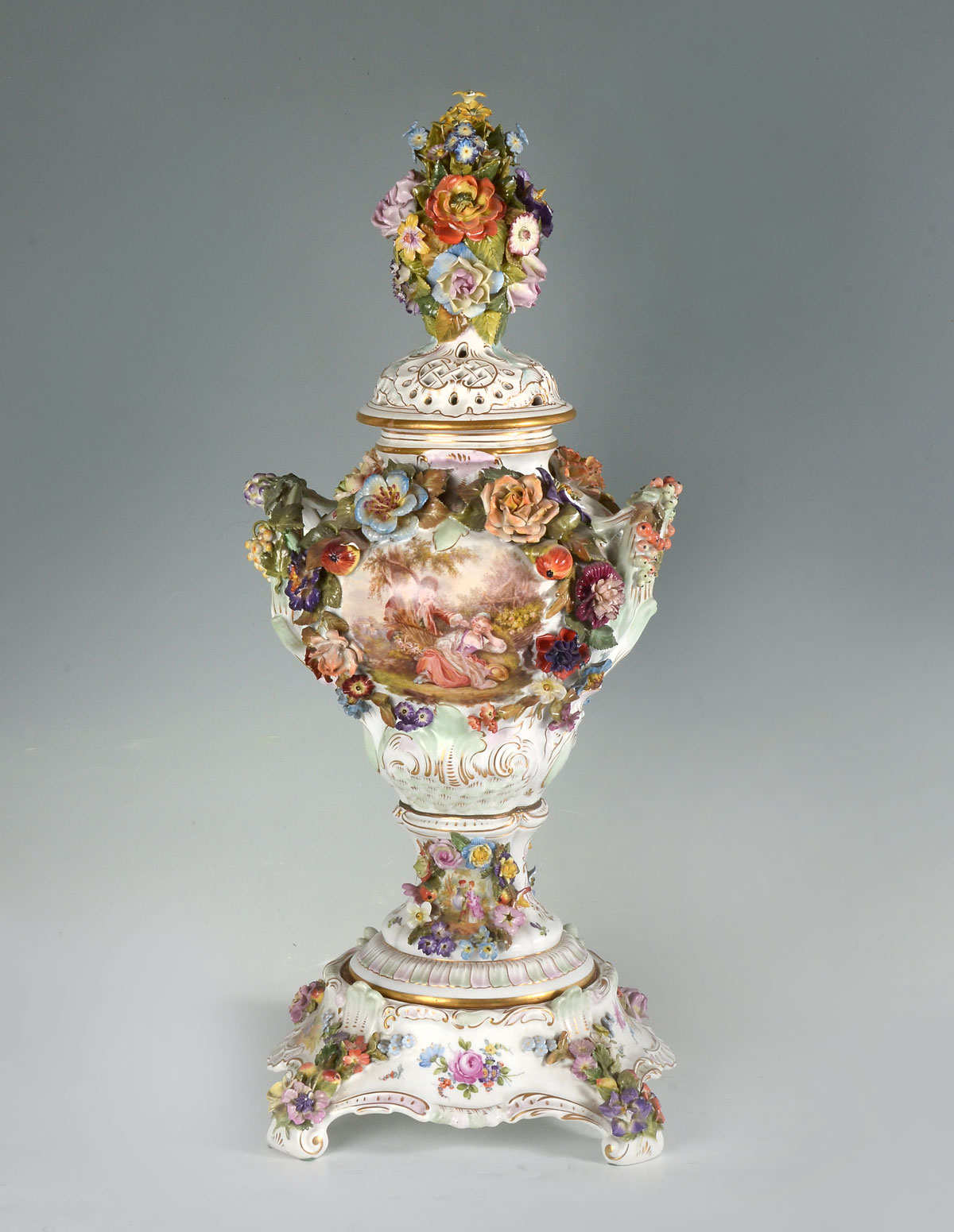 Appraisal: DRESDEN COVERED URN BY CARL THIEME Hand-painted Dresden covered urn