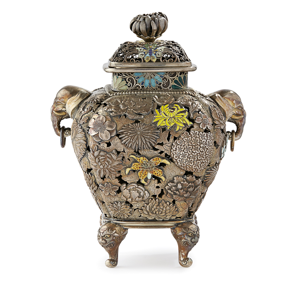 Appraisal: SILVER AND CLOISONN ENAMEL 'MILLEFLEUR' CENSER AND COVER MEIJI PERIOD