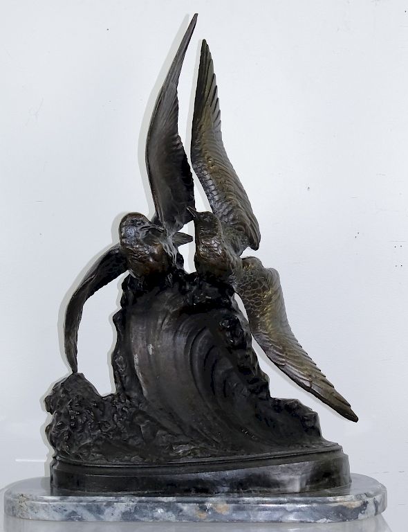 Appraisal: Henri Lechesne b French Birds Bronze Statue Large cast bronze