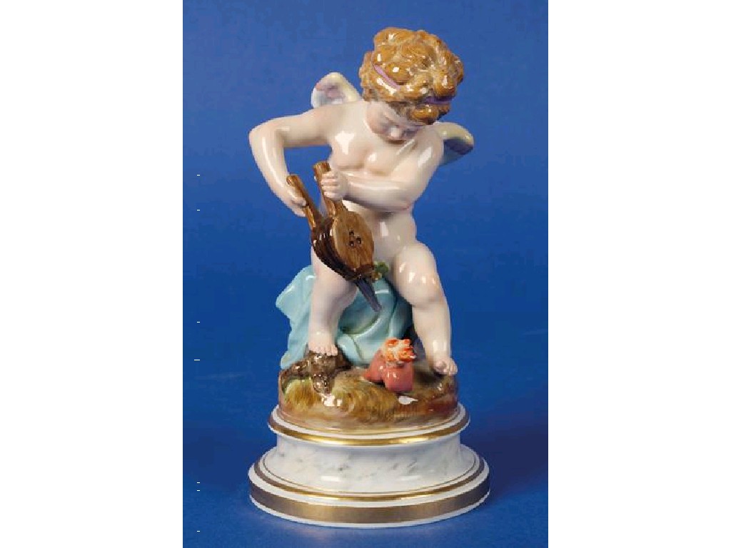 Appraisal: A LATE DRESDEN WINGED CHERUB emblematic of fire modelled holding