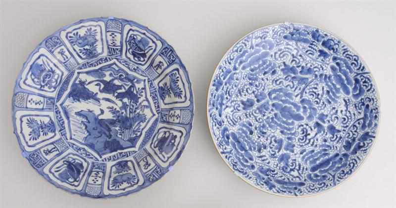 Appraisal: TWO CHINESE BLUE AND WHITE CHARGERS The one with octagonal