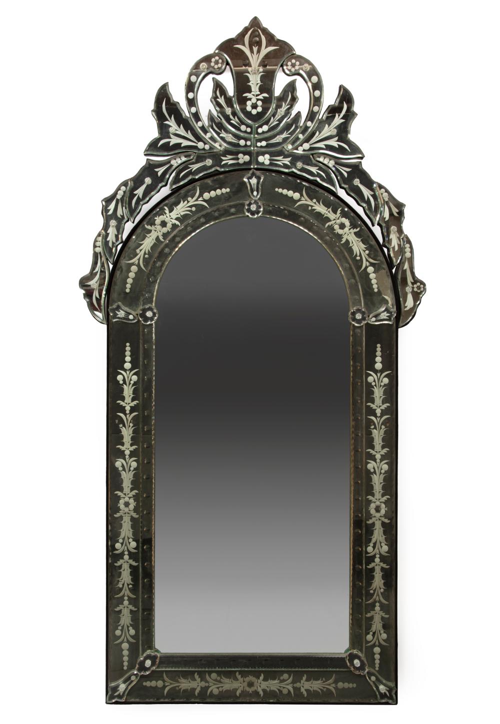 Appraisal: Venetian Etched Glass Mirror segmented surround applied rosettes h in