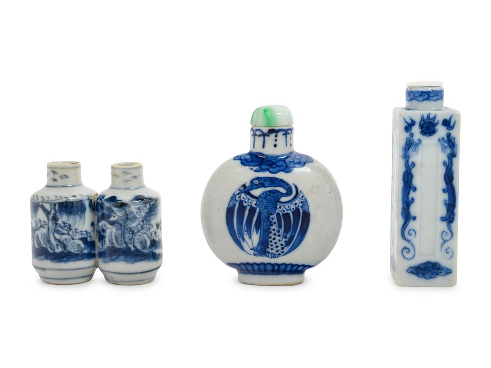 Appraisal: Three Chinese Blue and White Porcelain Snuff Bottles Three Chinese