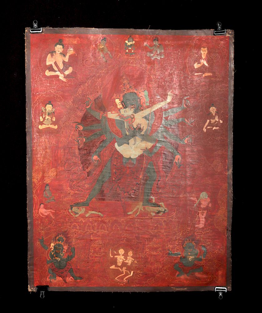 Appraisal: Hand Painted th C Tibetan Yab-Yum Tantric Thangka Central Asia