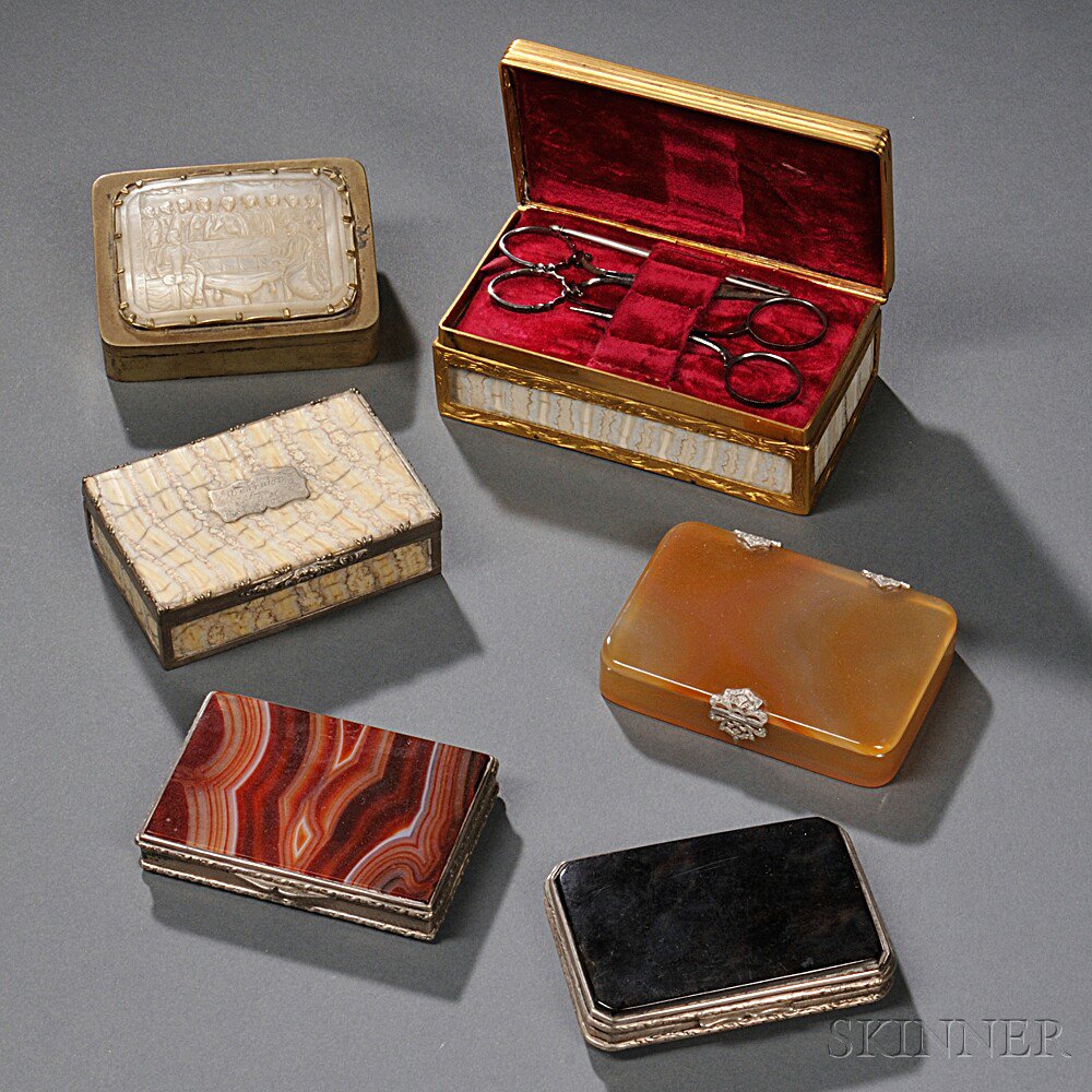 Appraisal: Six Hardstone and Shell Boxes th- th century two silver