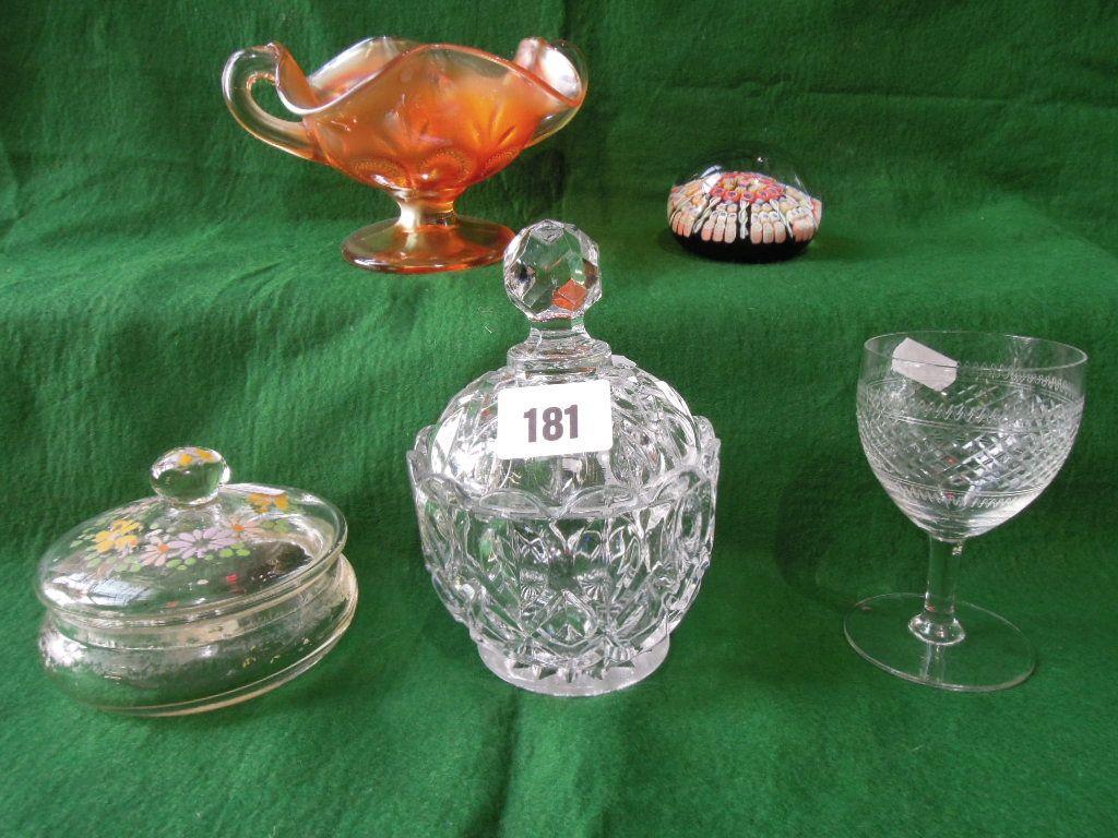 Appraisal: A grape coloured glass decanter together with four drinking glasses