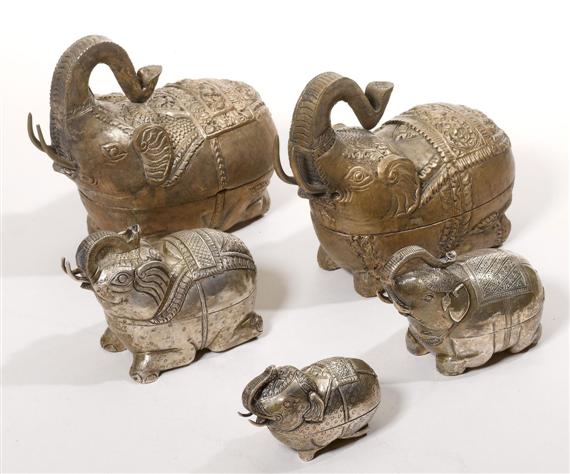 Appraisal: A SET OF FIVE ELEPHANT-SHAPED SILVER BOXES Burma height to