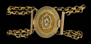 Appraisal: Edwardian Etruscan Revival Seed Pearl Gold Bracelet This bracelet features